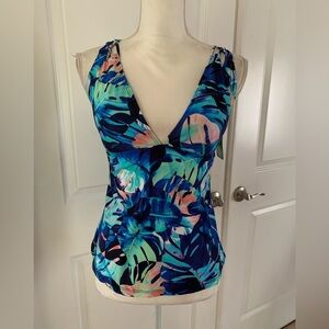 Floral Leaf V-Neck Women’s Tankini Top in Teal Blue